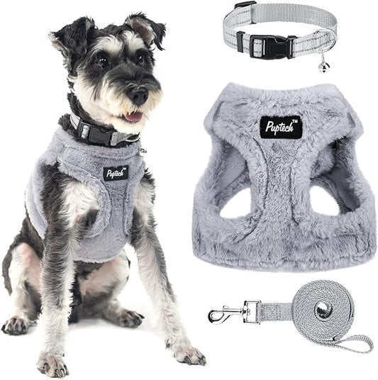 PUPTECK Adjustable Dog Harness Collar and Leash Set Step in No Pull Pet Harness for Small Medium Dogs Puppy and Cats Outdoor Walking Running, Soft Mesh Padded Reflective Vest Harnesses, Plush Grey XS PUPTECK