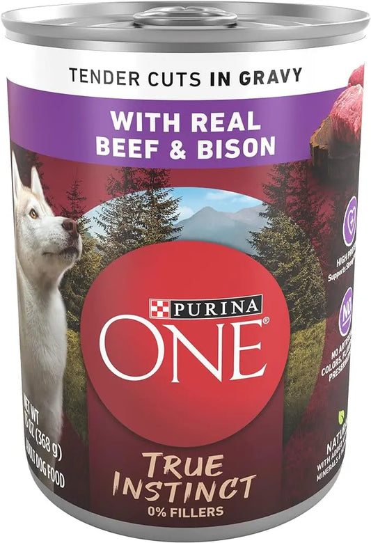Purina ONE High Protein Wet Dog Food True Instinct Tender Cuts in Dog Food Gravy With Real Beef and Bison - (Pack of 12) 13 oz. Cans - PAWPICO