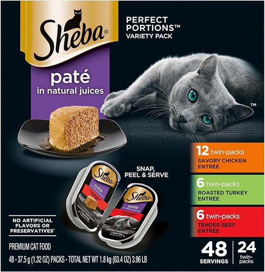 SHEBA Perfect Portions Paté Wet Cat Food Trays (24 Count, 48 Servings), Savory Chicken, Roasted Turkey, and Tender Beef Entrée, Easy Peel Twin-Pack Trays - PAWPICO
