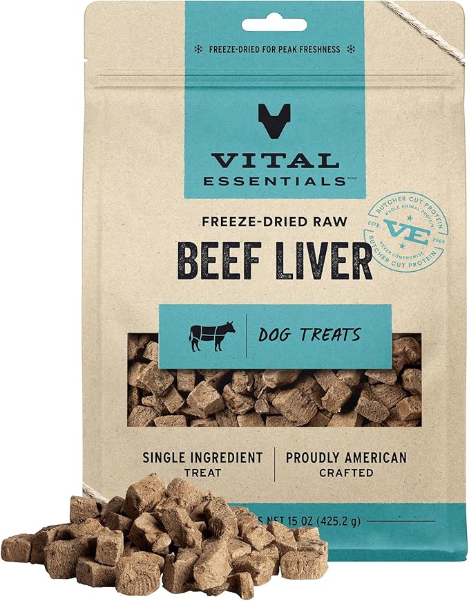 Vital Essentials Freeze Dried Raw Single Ingredient Dog Treats, Beef Liver, 15 oz | Premium Quality High Protein Training Treats | Grain Free, Gluten Free, Filler Free - PAWPICO