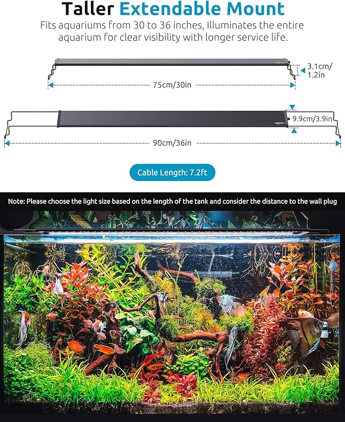 LED Aquarium Plant Light, 24/7 Custom Timer, Power-Off Memory, 7-Row LEDs 30-36in Full Spectrum Fish Tank Lights, 8 Colors, 20 Brightness, Day & Night Cycle, Adjustable Mount for Freshwater SEAOURA