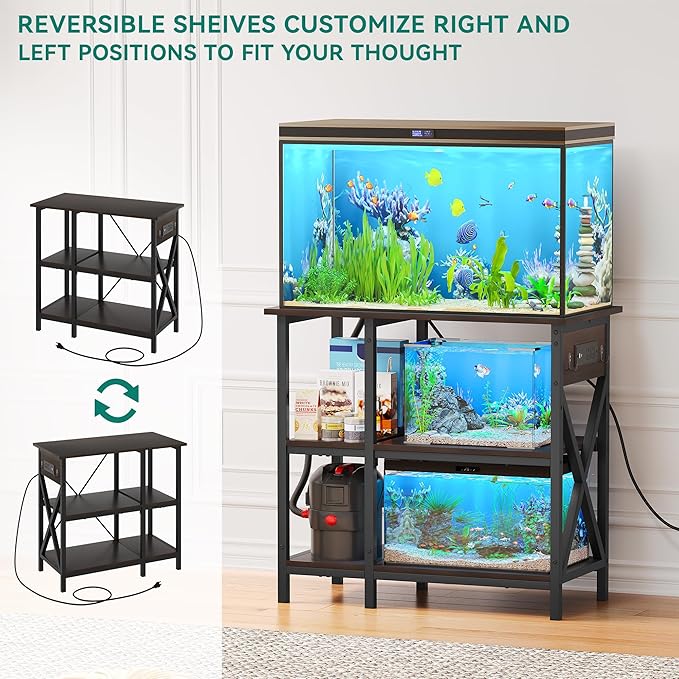 YITAHOME 10-29-37 Gallon Fish Tank Stand with Power Outlet, 30x16 Inch Metal Aquarium Stand with 3-Tier Adjustable Storage Shelves and Hooks, 450LBS Capacity,Black YITAHOME