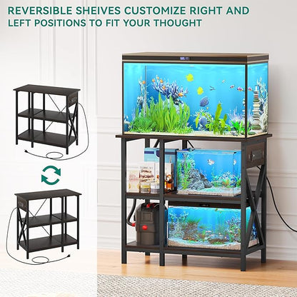 YITAHOME 10-29-37 Gallon Fish Tank Stand with Power Outlet, 30x16 Inch Metal Aquarium Stand with 3-Tier Adjustable Storage Shelves and Hooks, 450LBS Capacity,Black YITAHOME