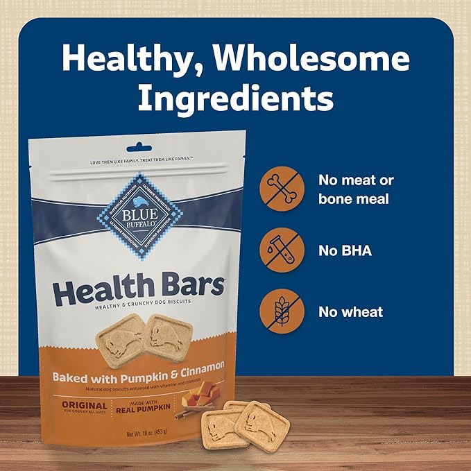 Blue Buffalo Health Bars Crunchy Dog Biscuits, Oven-Baked With Natural Ingredients, Pumpkin & Cinnamon, 16-oz Bag - PAWPICO