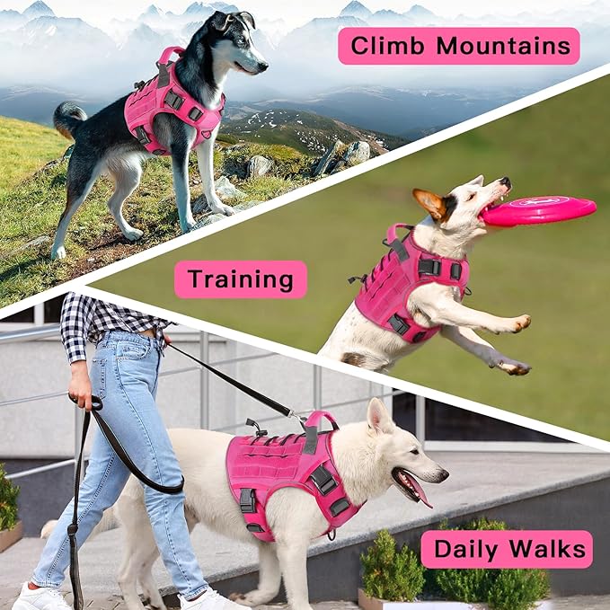WINGOIN Tactical Dog Harness for Extra Large Dogs, Heavy Duty No Pull Dog Harness with Handle, Adjustable Reflective Military K9 German Shepherd Big Dog Vest for Training, Walking, Pink (XXL) - PAWPICO