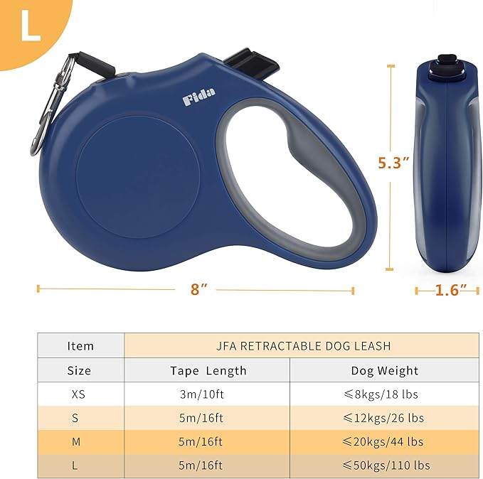 Fida Retractable Dog Leash, 16 ft Dog Walking Leash for Large Dogs up to 110lbs, Tangle Free,Navy Blue - PAWPICO