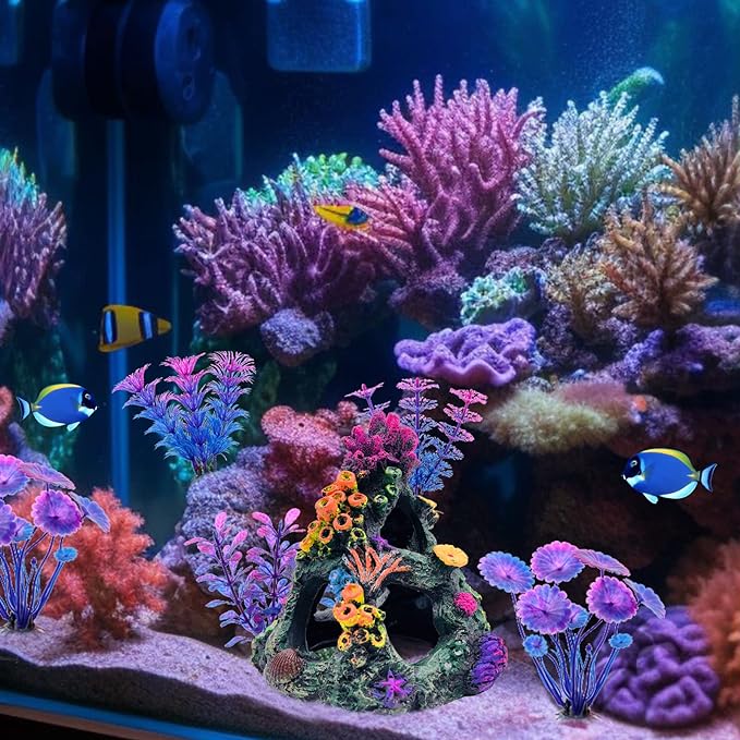 GSD Aquarium Colorful Coral Reef Set Fish Tank Decoration Mountain Ornament for Aquarium Environments Decor Accessories, Coral Mountain x 1, Aquatic Plant x 4 GSD