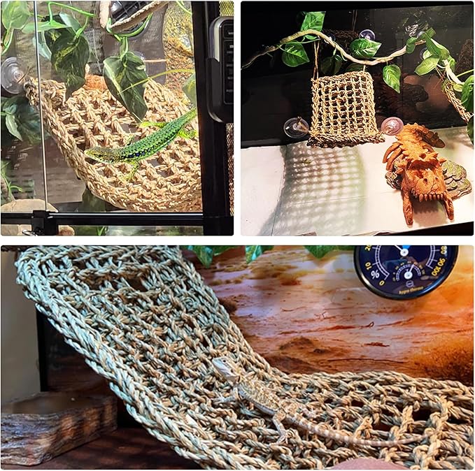 Reptile Resin Pumpkin Hut, Crested Gecko Habitat Hideout Cave Bearded Dragon Hammock Lizard Natural Seagrass Lounger Leopard Gecko Tank Accessories with Jungle Climber Vines for Chameleon(4PCS) MUYG