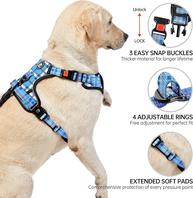 NESTROAD No Pull Dog Harness with Leash, Reflective No Choke Pet Vest Harness,Adjustable Soft Padded Dog Harness with Easy Control Handle for Large Dogs(Checkered Blue,X-Large) NESTROAD