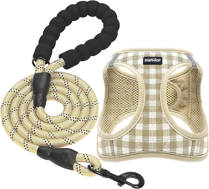 Dog Harness Step-in Breathable Puppy Cat Dog Vest Harnesses for Small Medium Dogs Beige Checkered matilor