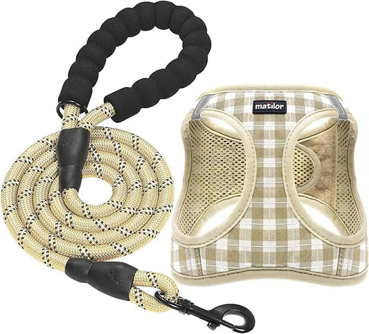 Dog Harness Step-in Breathable Puppy Cat Dog Vest Harnesses for Small Medium Dogs Beige Checkered matilor