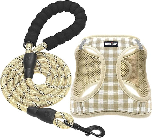 Dog Harness Step-in Breathable Puppy Cat Dog Vest Harnesses for Small Medium Dogs Beige Checkered matilor