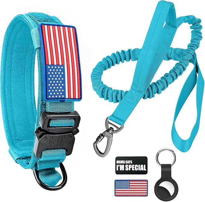 Tactical Dog Collar and Bungee Leash,Military Dog Collar & Leash Set with USA American Flag Adjustable K9 Collar with Heavy Duty Metal Buckle & Handle,with Patches and Airtags Case (Light Blue, XL) Celifelight