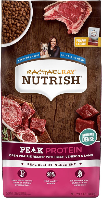 Rachael Ray Nutrish PEAK Natural Dry Dog Food, Open Prairie Recipe with Beef, Venison & Lamb, 4 Pounds, Grain Free (Packaging May Vary) - PAWPICO