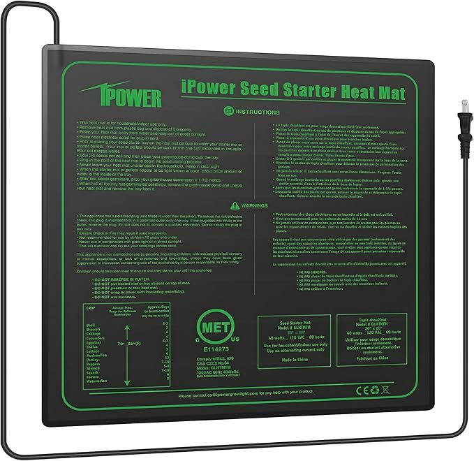 iPower Durable Seedling Heat Mat Warm 20" x 20" Hydroponic Heating Pad Waterproof for Seed Starting Greenhouse and Germination iPower