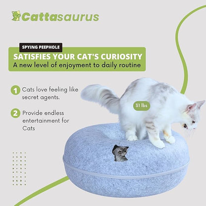 CATTASAURUS Peekaboo Cat Cave for Multiple & Large Cats Up to 30-45 Lbs, Scratch Detachable & Washable Tunnel Bed, Comfy Donut Cat Cave (Light Gray, Jumbo) - PAWPICO