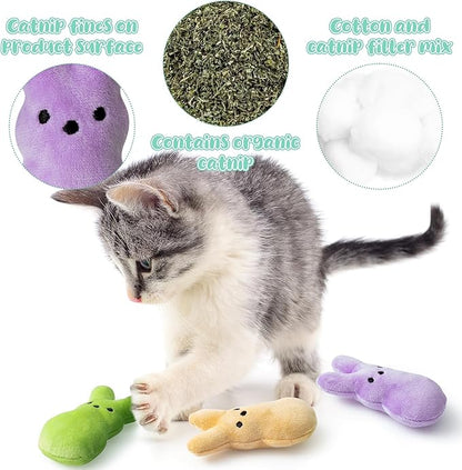 MALLMALL6 5Pcs Easter Bunny Catnip Toys Gift for Cat, Indoor Cat Chew Bite Kick Plush Colorful Rabbit Peeps Catmint Pet Toys for Cat Lover Gifts, Cute Interactive Cat Toy for Pet Presents - PAWPICO