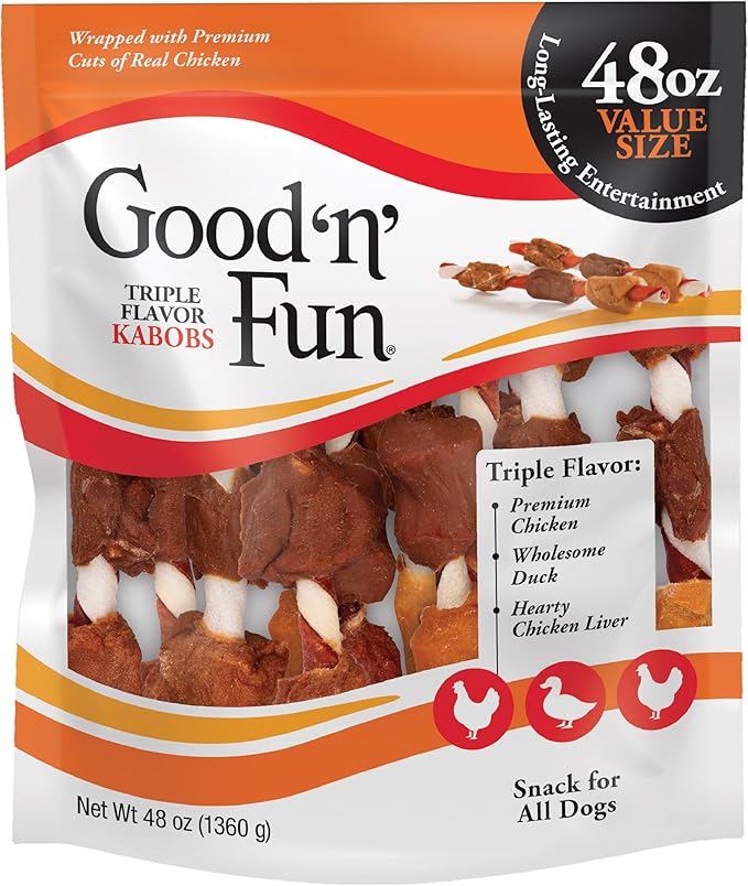 Good 'n' Fun Good'n'Fun Triple Flavor Kabobs 48 Ounce, Rawhide Snack for All Dogs, 48 Oz (Pack of 4) - PAWPICO