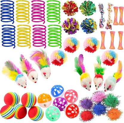 46 PCS Cat Toys for Indoor Cats, Kitten Toys with Cat Spring Toy, Mint Catnip Toys for Cats with Crinkle Cat Toy Mouse Cat Ball Toy for Indoor Cats Kittens Exercise - PAWPICO