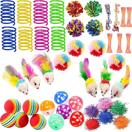 46 PCS Cat Toys for Indoor Cats, Kitten Toys with Cat Spring Toy, Mint Catnip Toys for Cats with Crinkle Cat Toy Mouse Cat Ball Toy for Indoor Cats Kittens Exercise - PAWPICO