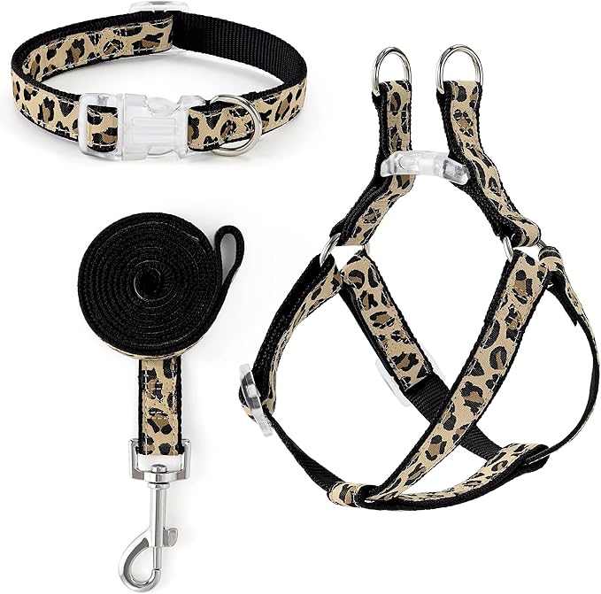 Mile High Life Leopard Dog Harness Collar Leash Set | Adjustable No Pull Dog Halter Harness for Small Breed Dogs | Easy Control for Training Walking | Black, Medium MileHighLife