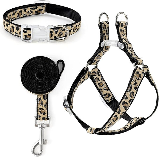 Mile High Life Leopard Dog Harness Collar Leash Set | Adjustable No Pull Dog Halter Harness for Small Breed Dogs | Easy Control for Training Walking | Black, Small MileHighLife
