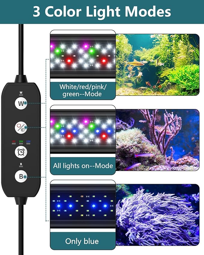 Led Aquarium Light for Plants-Full Spectrum Fish Tank Light with Timer Auto On/Off, 12-18 Inch, Adjustable Brightness, White Blue Red Green Pink LEDs with Extendable Brackets for Freshwater SEAOURA