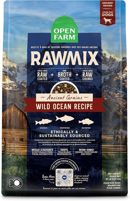 Open Farm RawMix Ancient Grains Wild-Ocean Recipe for Dogs, Includes Kibble, Bone Broth, and Freeze Dried Raw, Inspired by The Wild, Humanely Raised Protein and Non-GMO Fruits and Veggies, 20 lb - PAWPICO
