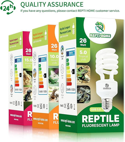 UVB Reptile Light 5.0, 26W Tropical and Sub-Tropical UVA UVB Bulb for Reptiles, Tropical Terrarium Compact Fluorescent Lamp, Reptile UVB Light Bulb for Chameleons, Iguanas, and Turtles REPTIHOME