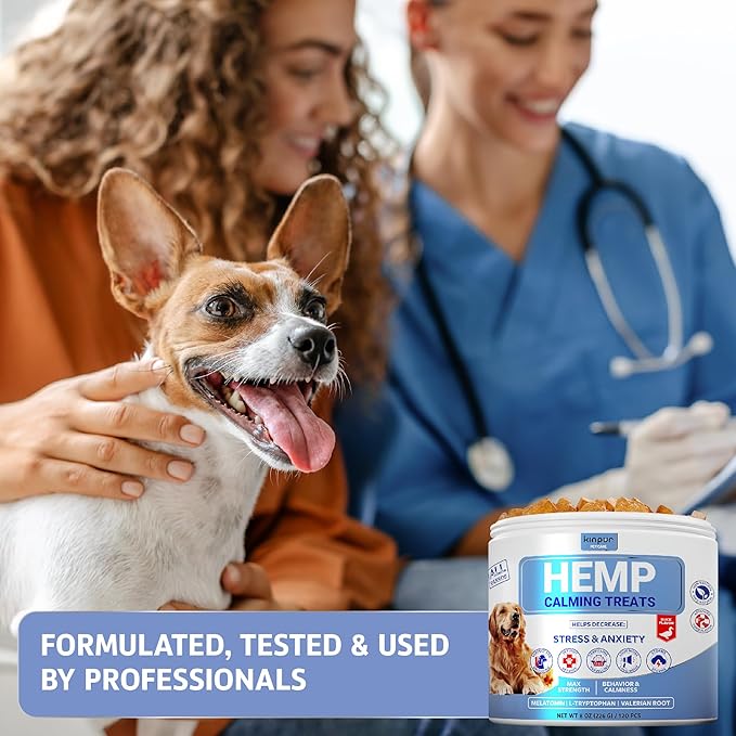 Natural Hemp Calming Chews for Dogs w/ Valerian Root & Melatonin - Mood & Behavior Aid for Fireworks, Thunderstorms, Separation - Hip Joint Health - Duck-Flavored Tasty Dog Calming Treats 120 Chews KinpurPetCare