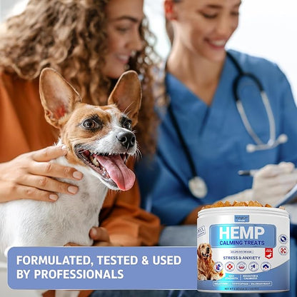 Natural Hemp Calming Chews for Dogs w/ Valerian Root & Melatonin - Mood & Behavior Aid for Fireworks, Thunderstorms, Separation - Hip Joint Health - Duck-Flavored Tasty Dog Calming Treats 120 Chews KinpurPetCare