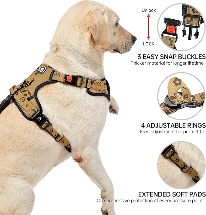 NESTROAD No Pull Dog Harness,Adjustable Oxford Dog Vest Harness with Leash,Reflective No-Choke Pet Harness with Easy Control Soft Handle for Large Dogs(Large,Light Brown) NESTROAD