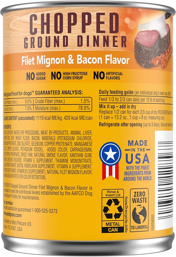 PEDIGREE CHOPPED GROUND DINNER Adult Canned Soft Wet Dog Food, Filet Mignon & Bacon Flavor, 13.2 oz. Cans (Pack of 12) - PAWPICO