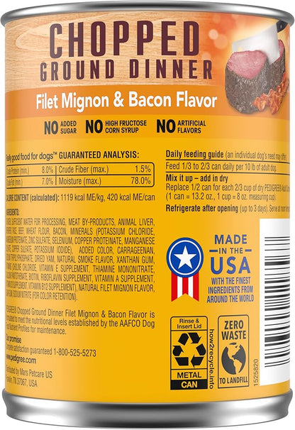 PEDIGREE CHOPPED GROUND DINNER Adult Canned Soft Wet Dog Food, Filet Mignon & Bacon Flavor, 13.2 oz. Cans (Pack of 12) - PAWPICO