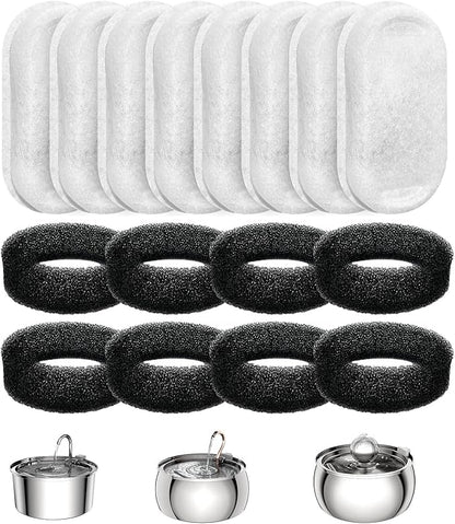 Official Tomxcute Cat Water Fountain Filters for 108oz/3.2L and 135oz/4.0L Adjustable Water Flow Pet Water Fountain, Ultra-Quiet Cat Water Fountain 8 Packs Filters & 8 Sponges Foam Filters - PAWPICO
