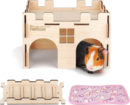 hiimalex Wooden Hamster Castle House with Ramp and Plush Bedding for Chinchilla Guinea Pig Hedgehog Gerbil Hamster Rat Durable Habitats for Playing and Hiding MakeTheKingdomforYourBunnies