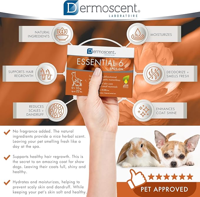 Dermoscent Essential 6 spot-on - Dog Skin Care for Dandruff & Allergy Relief with Vitamin E Oil - Anti Itch for Dogs - Dog & Small Mammals 0-10 kg - 4 Pipettes of 0.6 ml Dermoscent