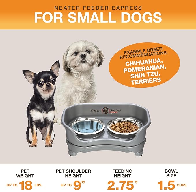 Neater Feeder Express Small Mess Proof Feeder for Small Dogs, 1.5 Cup Stainless Steel Bowls, No Spill, Non-Tip, Non-Slip Dog Bowls. Made in USA - PAWPICO