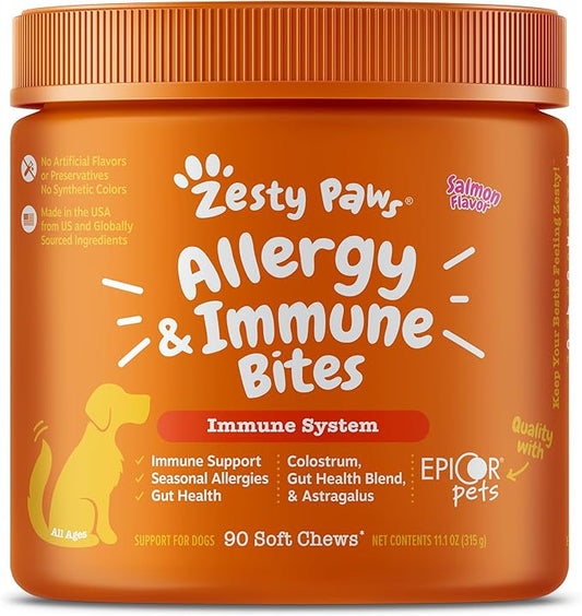 Zesty Paws Dog Allergy Relief- Dog Itching Skin Relief- Dog Probiotics for Itchy Skin and Itchy Ears- Dog Allergy Paw Relief- Dog Allergy Chews- Dog Itch Relief- Dog Skin Allergy Relief- Salmon- 90ct ZestyPaws