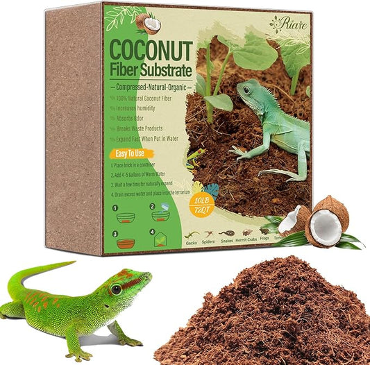 Riare 10LBS Natural Coconut Fiber Substrate for Reptile- Premium Compressed Coconut Husk Terrarium Bedding for Reptile, Tortoise, Frogs, Snakes, Hermit Crabs, Burrowing Animals Riare