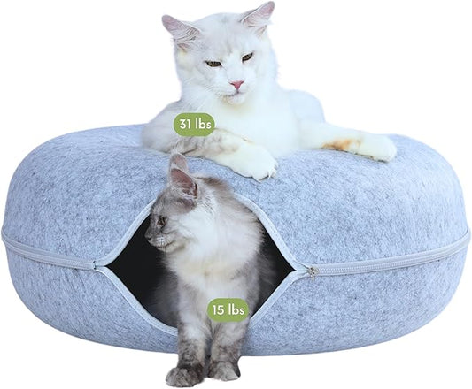 CATTASAURUS Peekaboo Cat Cave for Multiple & Large Cats Up to 30-45 Lbs, Scratch Detachable & Washable Tunnel Bed, Comfy Donut Cat Cave (Light Gray, Jumbo) - PAWPICO