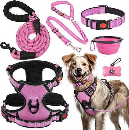 No Pull Dog Harness, Collar & Leash Set | Includes Dog Seat Belt, Collapsible Bowls & Poop Bag Dispenser. Ideal for Training, Walking, Hiking. Fits Small to Large Dogs(Pink-XL) Lovebegetslove