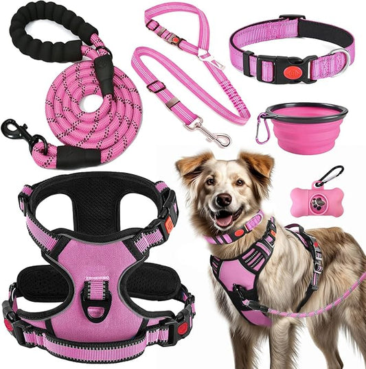 No Pull Dog Harness, Collar & Leash Set | Includes Dog Seat Belt, Collapsible Bowls & Poop Bag Dispenser. Ideal for Training, Walking, Hiking. Fits Small to Large Dogs(Pink-XL) Lovebegetslove