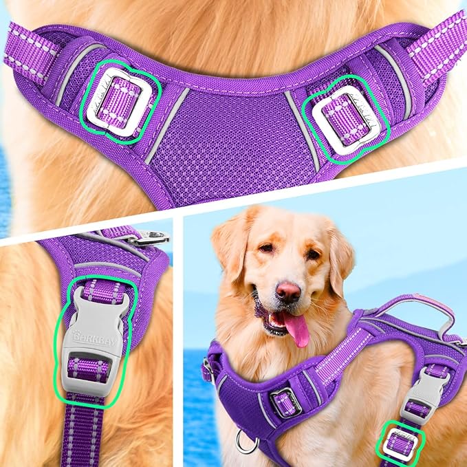BARKBAY No Pull Dog Harness Large Reflective Dog Harness with Front Clip and Easy Control Handle for Walking Training Running with ID tag Pocket(Purple,M) BARKBAY
