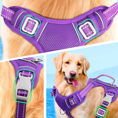 BARKBAY No Pull Dog Harness Large Reflective Dog Harness with Front Clip and Easy Control Handle for Walking Training Running with ID tag Pocket(Purple,L) BARKBAY