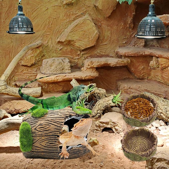Gecko Hide Cave with 2Pcs Feeder, Reptile Hideout for Hermit Crab, Bearded Dragon,Lizard,Turtles,Snake Reptile Hideout Cave,Reptile Habitat Terrarium Tanks Decor Accessorie Dexspoeny