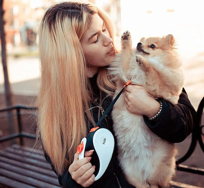 TUG 360° Tangle-Free Retractable Dog Leash with Anti-Slip Handle | 16 ft Strong Nylon Tape | One-Handed Brake, Pause, Lock (Medium, White/Orange) TUG