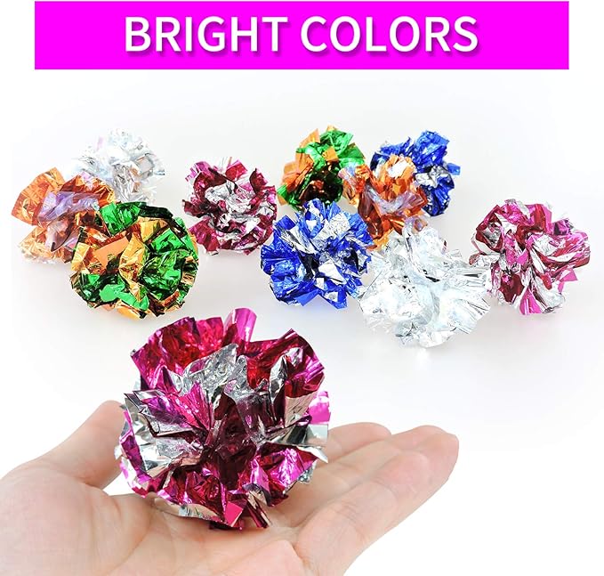 Andiker Cat Crinkle Balls, 2.36 Inches Colorful Balls Chew and Chase Cat Mylar Crinkle Balls Lightweight for Indoor Cats to Keep Fit and Active (10 pcs) - PAWPICO