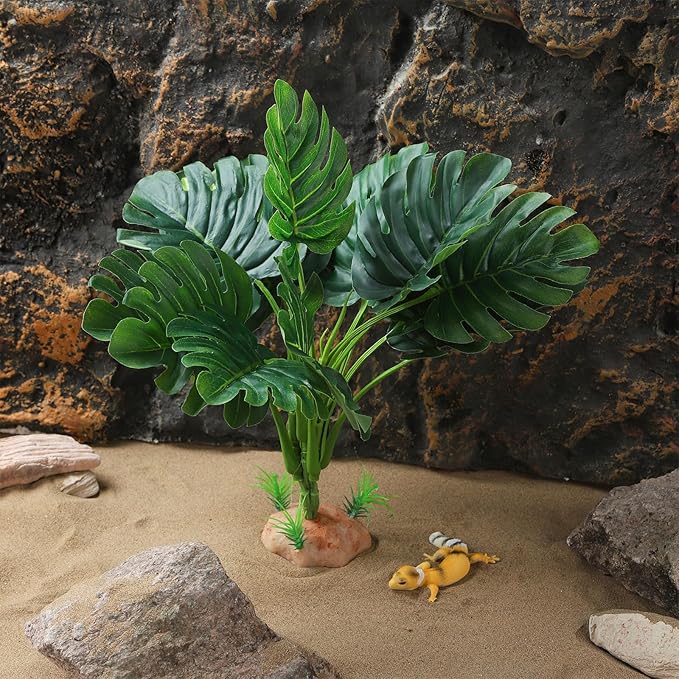 Terrarium Plants for Reptile Terrarium, Reptile Plants Tortoise Habitat Accessories, Artificial Spider Plant for Gecko, Ball Python, Tortoise Terrarium Décor - Monstera IBWell