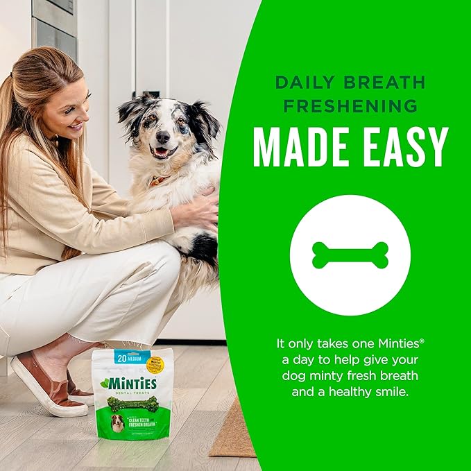 Minties Dental Chews for Dogs, 12 Count, Vet-Recommended Mint-Flavored Dental Treats for Large Dogs Over 50 lbs, Dental Bones Clean Teeth, Fight Bad Breath, and Removes Plaque and Tartar Minties